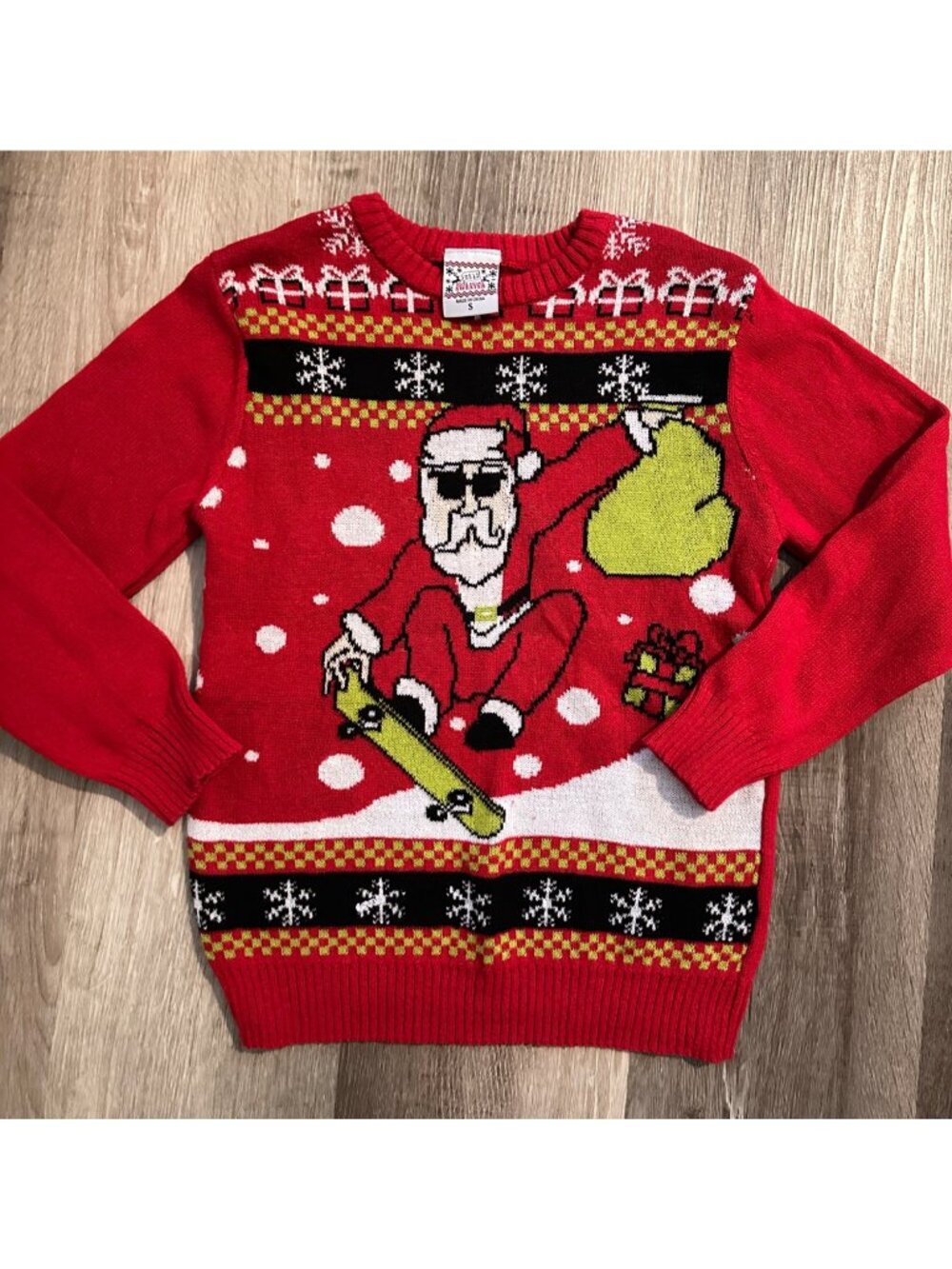 Well Worn Holiday Christmas Sweater Santa skateboarding